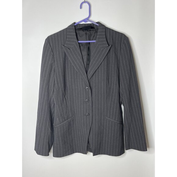 Norma Kamali Gray Pinstripe Business Blazer Pockets LIghtweight Size 12 - Picture 1 of 9